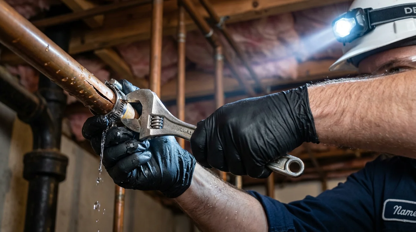 Emergency pipe clamp repair being performed by a Johns Plumbing LLC plumber in Alachua