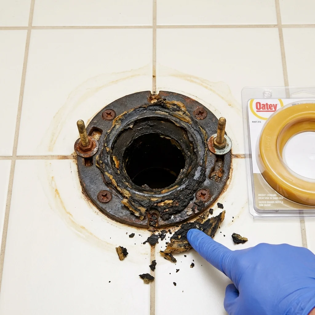 Failed wax ring showing water seepage at the base of a toilet in a Alachua, FL home