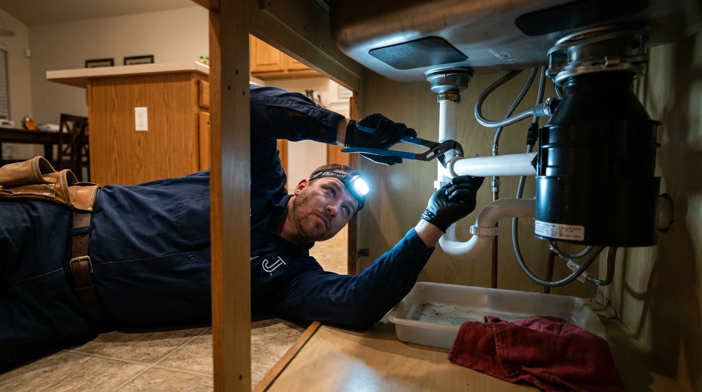 P-trap and supply line connections under a kitchen sink showing a common leak point in Alachua, FL
